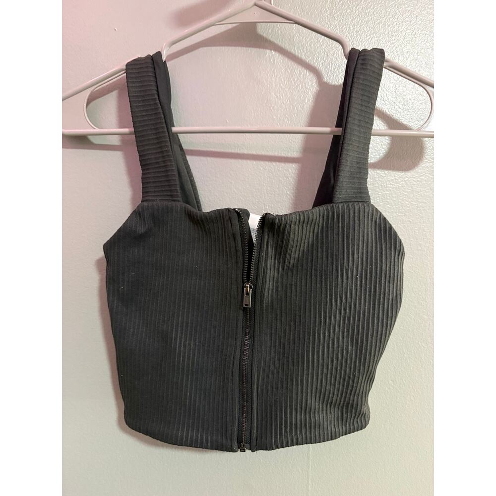 OFFLINE by Aerie Ribbed Zip Front Crop Top – Charcoal – Size Small (S/P)